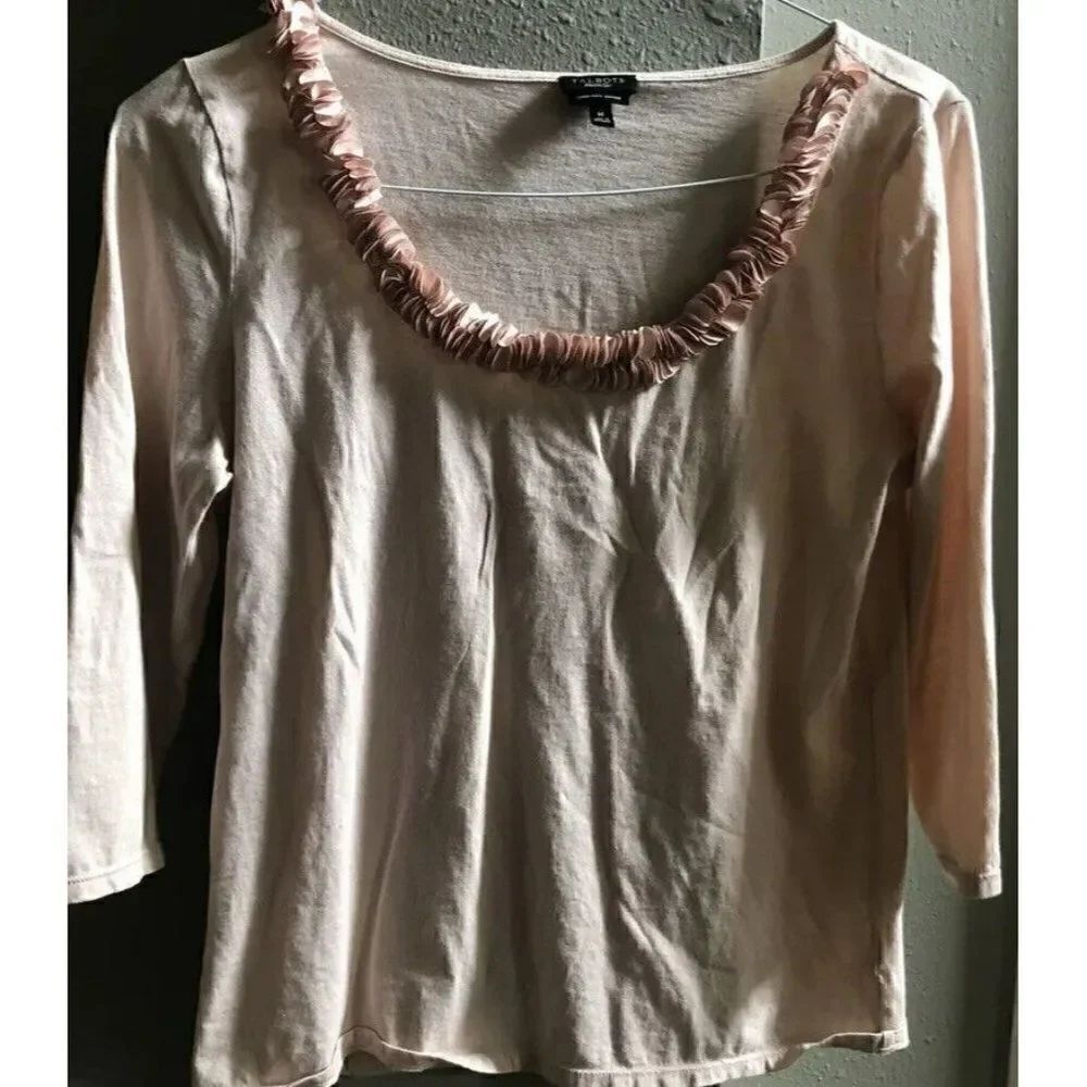 talbots Prime Cotton Ruffle Neck 3/4 Sleeve Size M Beige/pink
